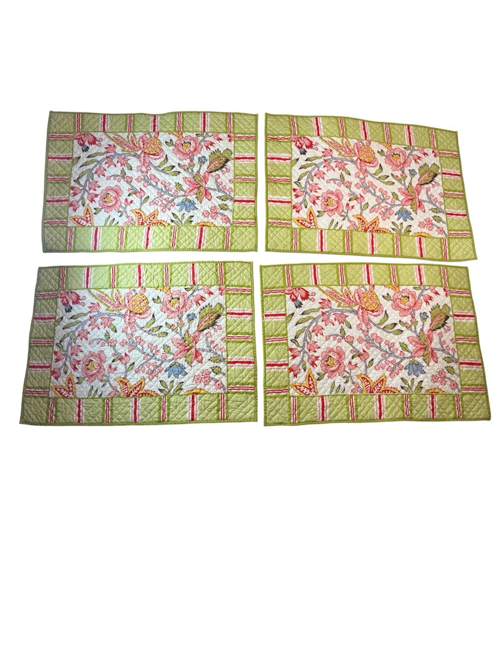 Williams Sonoma Quilted Floral Placemats Pink Green White Striped Set of 4 NEW